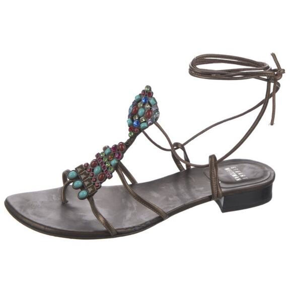 Stuart Weitzman Alaking Crystal Embellished Gladiator Sandal In Brass Mordorf - Picture 1 of 11